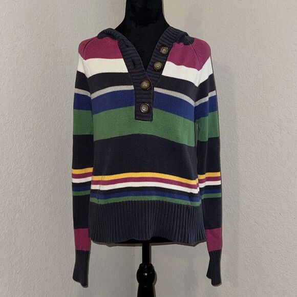 Vtg Y2K Aeropostale Sweater Womens Large Multicolor Striped Henley Neck Hooded - Picture 1 of 8